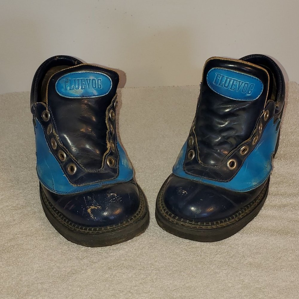 Vintage John Fluevog Orginal Derby flames  W/ Angel soles. SZ 9 baby blue flames